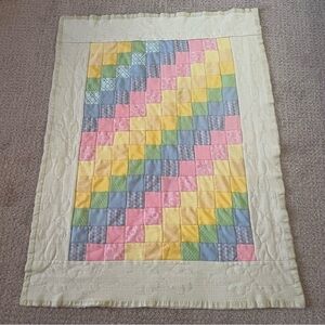 Pastel Baby Quilt Handmade Patchwork Satin Edge Crib Blanket Easter Pink Green